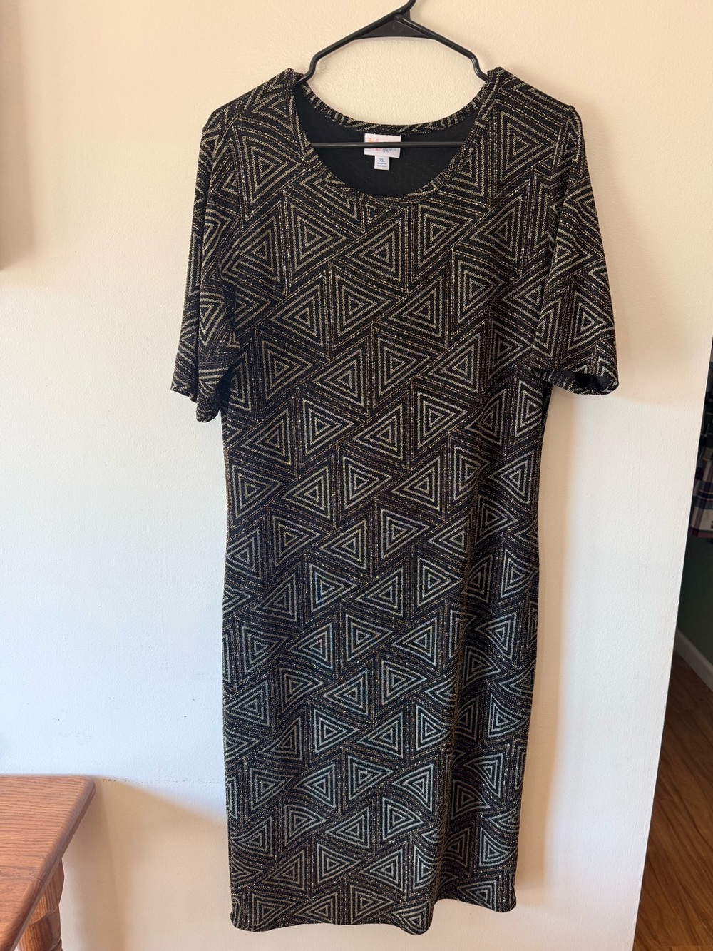 LuLaRoe Black/ gold Glitter Julia Dress with Geometric Triangle Print
